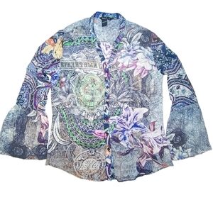 Desigual Bell Sleeve Floral Paisley Floral Button-Up Shirt Blouse Size XL